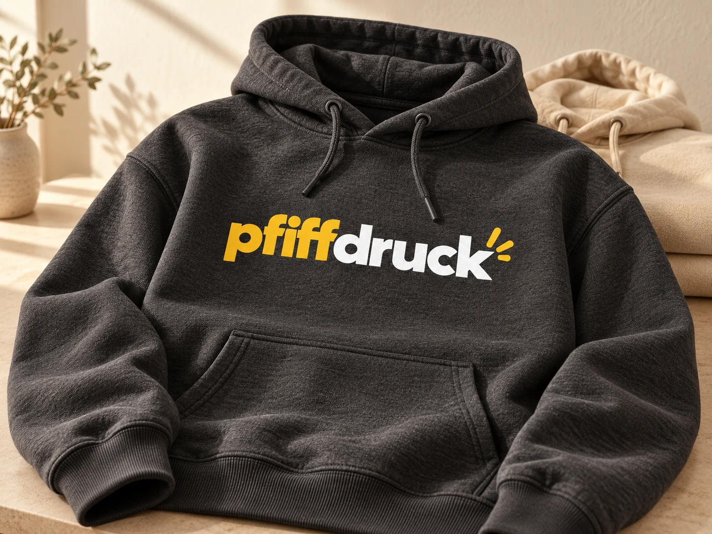 Anthrazitfarbener Hoodie mit pfiffdruck-Logo in Gelb und Weiß